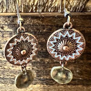 Boho Hippie Western Delicate Copper Sunshine Drop Wire Earrings, Gift Box
